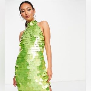 ASOS Design Disc Sequin Halter Mini Dress in Lime